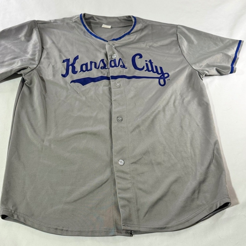Kansas City Baseball Jersey Grey Blue Button Front Short Sleeve Unilever Sz L